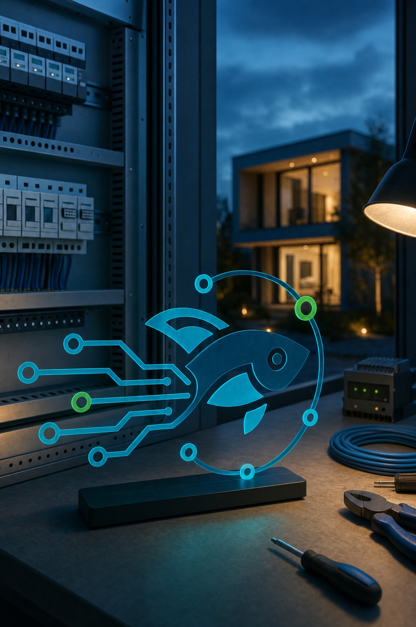 Guppydev Acrylmarke vor Elektroverteilung und modernem Haus bei blauem Abendlicht