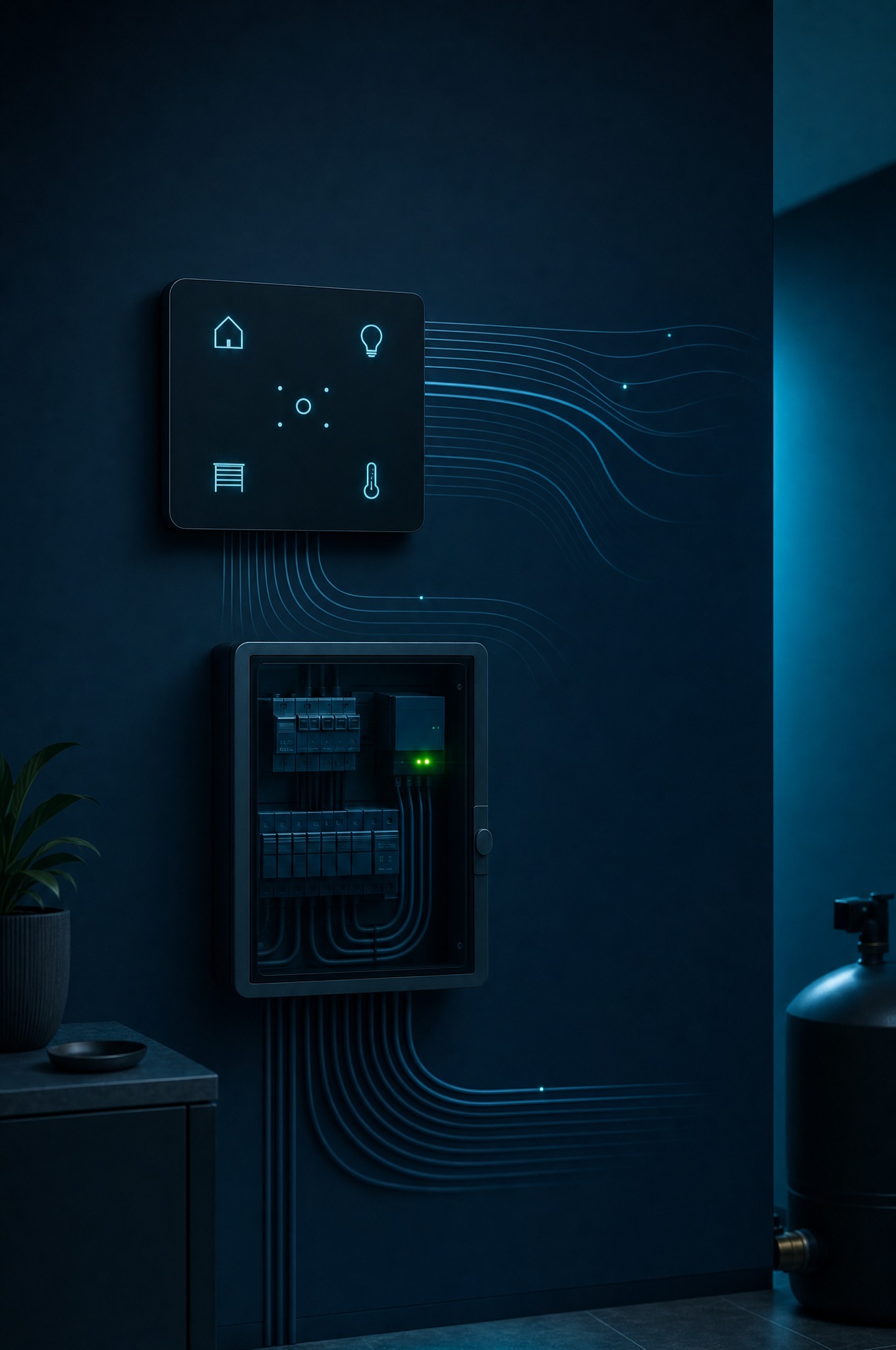 Premium Smart-Home Steuerwand mit Elektroverteilung und teal leuchtenden Linien